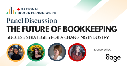 National Bookkeeping Week Panel Discussion | The Future of Bookkeeping: Success Strategies for a Changing Industry | Sponsored by Sage | Images of three women smiling in coloured circles (the panellists)