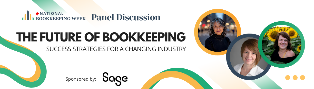 National Bookkeeping Week Panel Discussion | The Future of Bookkeeping: Success Strategies for a Changing Industry | Sponsored by Sage | Images of three women smiling in coloured circles (the panellists)