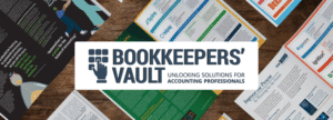 Bookkeepers' Vault Banner | Image: background is open bookkeepers' vault magazines with logo in front middle
