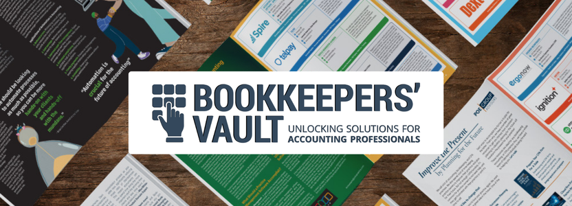 Bookkeepers' Vault Banner | Image: background is open bookkeepers' vault magazines with logo in front middle