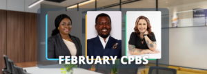 February CPBs | Image: three headshots of new CPBs with a blurred office background.
