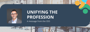Unifying the Profession - A message from the CEO | Image: Headshot of the CEO on a navy banner with the CPB Canada logo in the corner