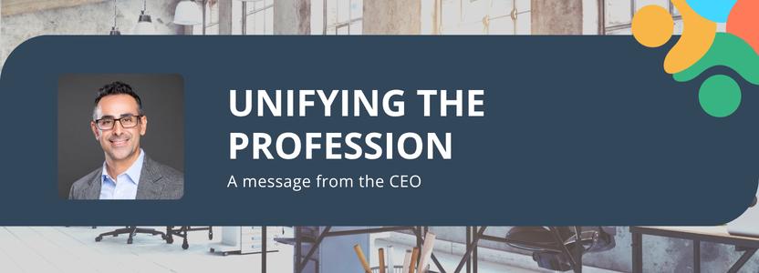Unifying the Profession - A message from the CEO | Image: Headshot of the CEO on a navy banner with the CPB Canada logo in the corner